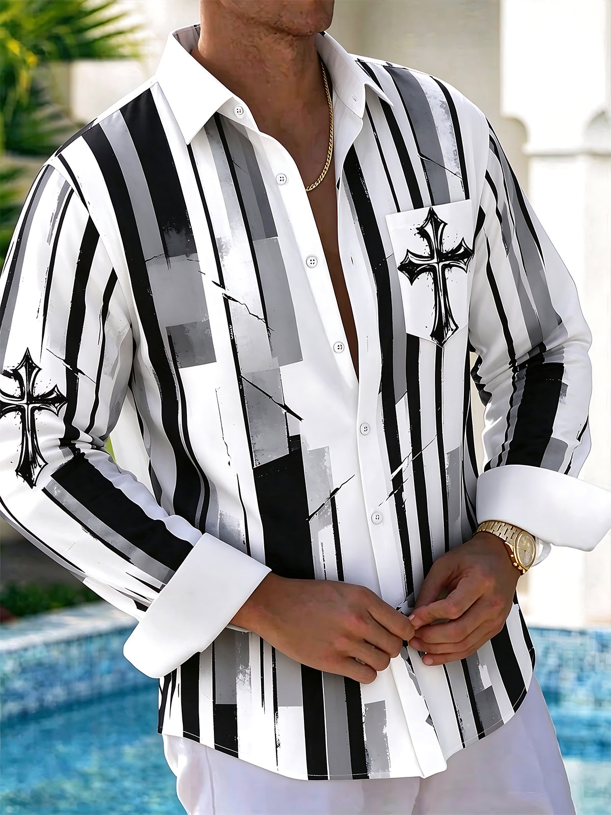Oceanlyte Men's Long Sleeve Shirt - Black And White Striped Pattern With Cross Motifs with Chest Pocket