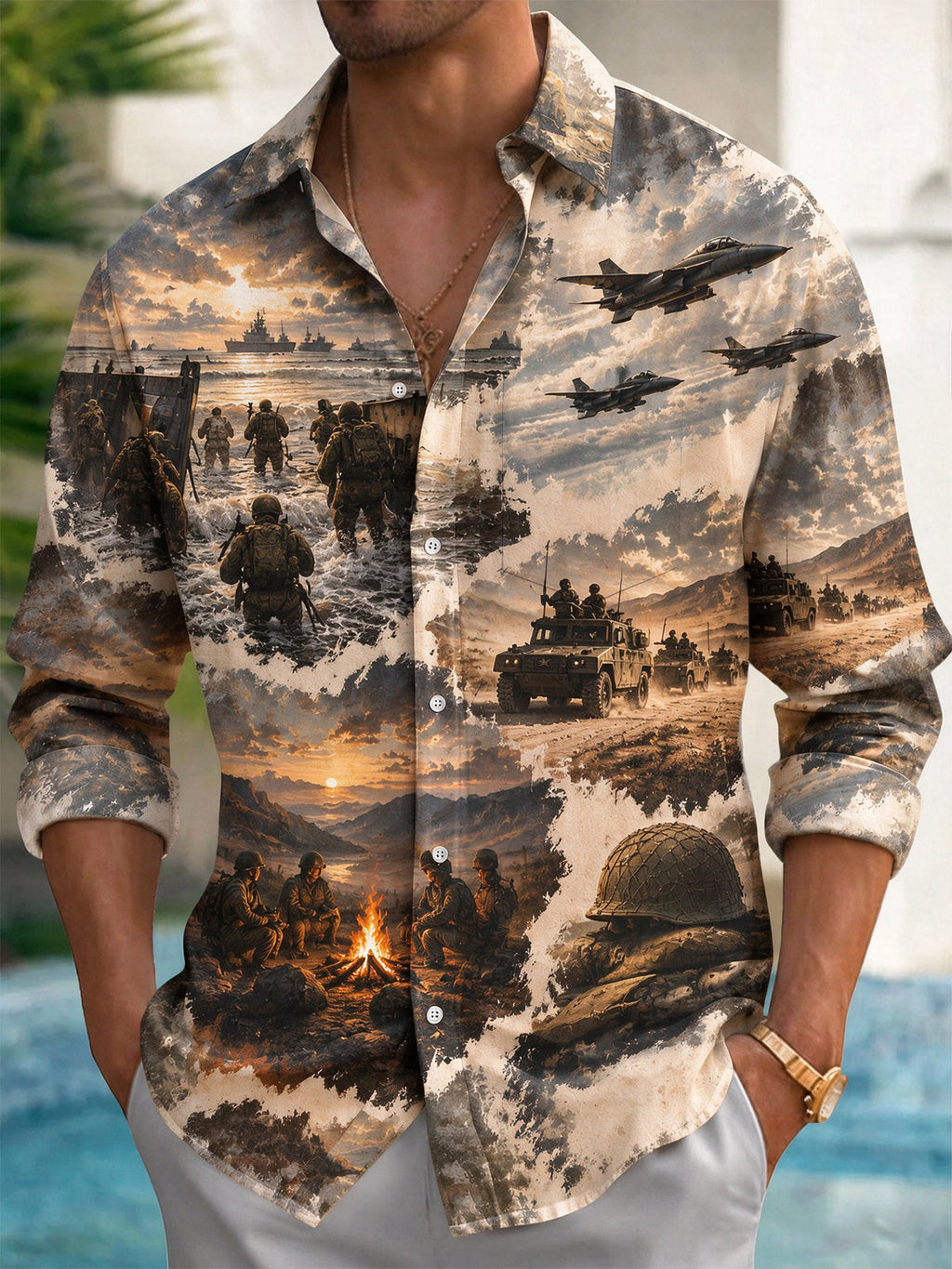 The "Operation Desert Storm" Oceanlyte Men's Long Sleeve Shirt - Military Soldiers And Beach Landing Scene Print with Chest Pocket