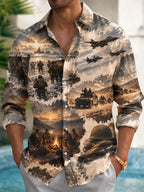 The "Operation Desert Storm" Oceanlyte Men's Long Sleeve Shirt - Military Soldiers And Beach Landing Scene Print with Chest Pocket