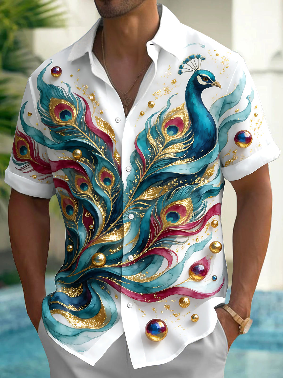 Oceanlyte Men's Hawaiian Peacock And Peacock Feathers Print Short Sleeve Shirt with Chest Pocket