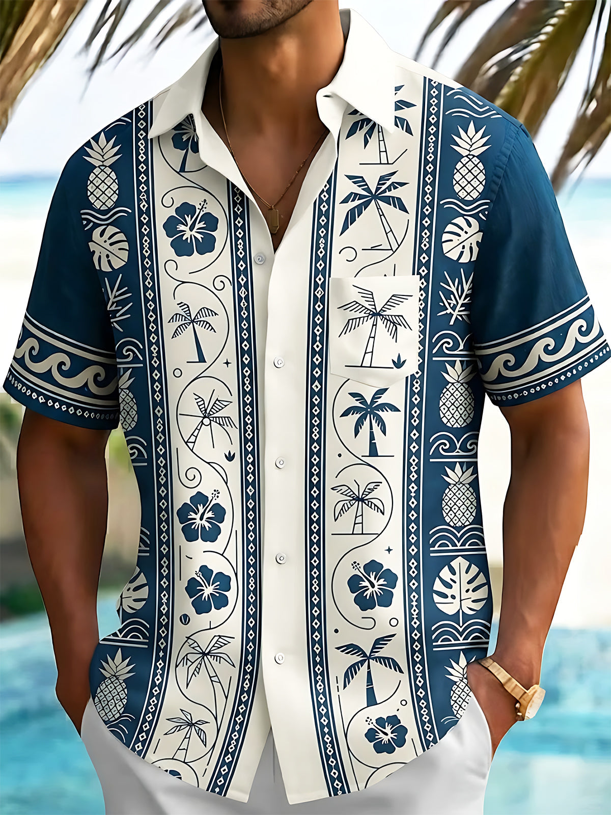 Oceanlyte Men's Hawaiian Pineapple And Palm Tree Print Short Sleeve Shirt with Chest Pocket