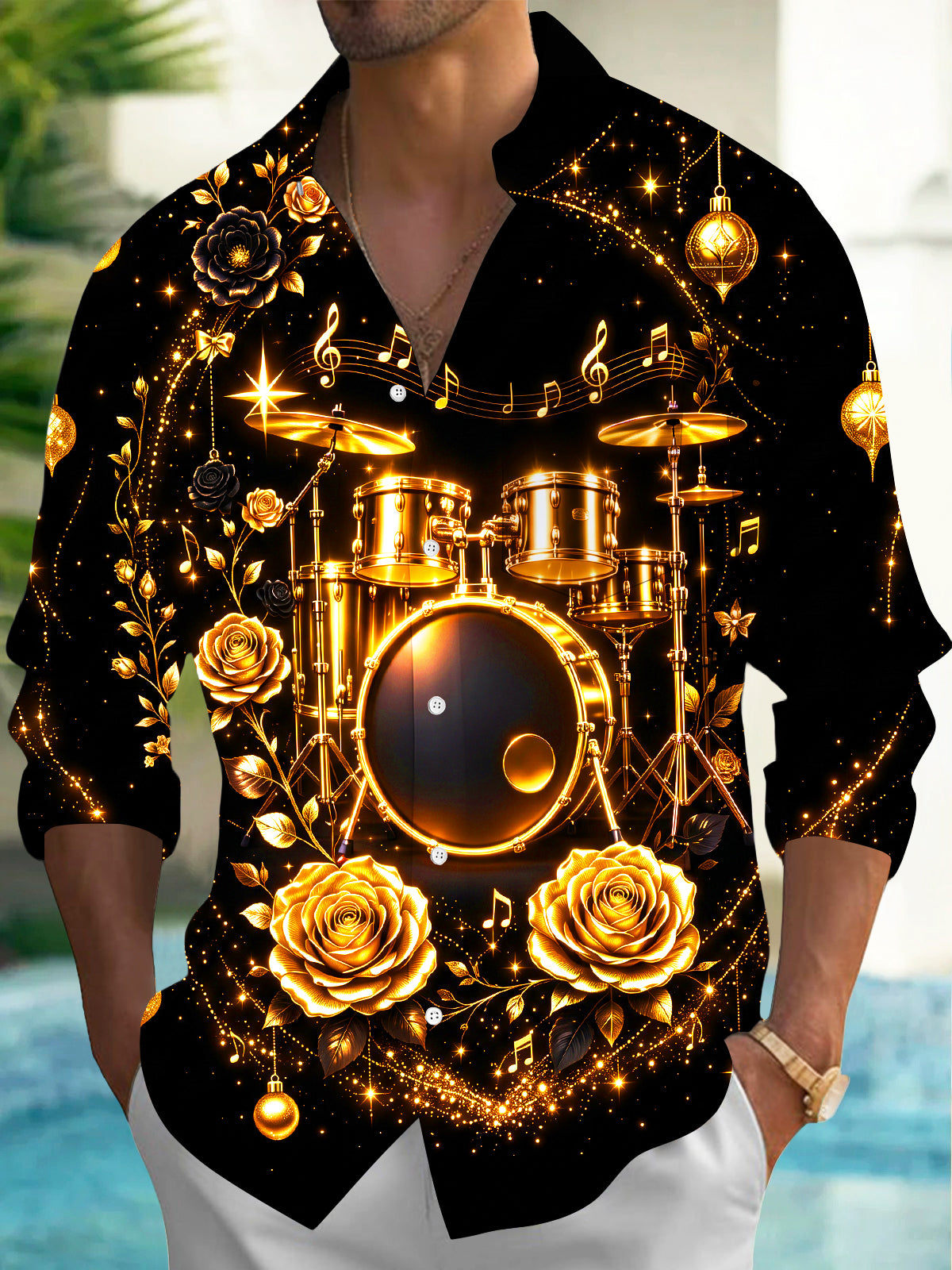 Oceanlyte Men's Long Sleeve Shirt - Christmas Ornaments And Musical Notes Print Golden Drum Set And Roses Print with Chest Pocket