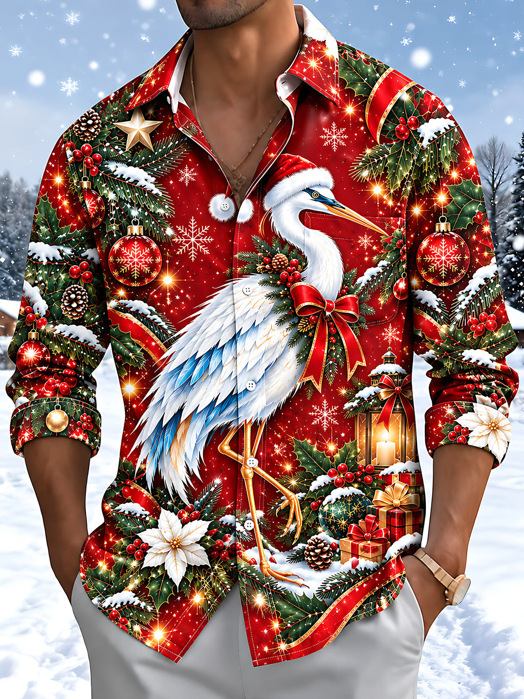 Oceanlyte Men's Hawaiian Christmas Crane And Ornaments Print Long Sleeve Shirt with Chest Pocket