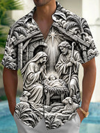 Oceanlyte Men's Short Sleeve Shirt - Nativity Scene With Holy Family And Star Of Bethlehem Print with Chest Pocket