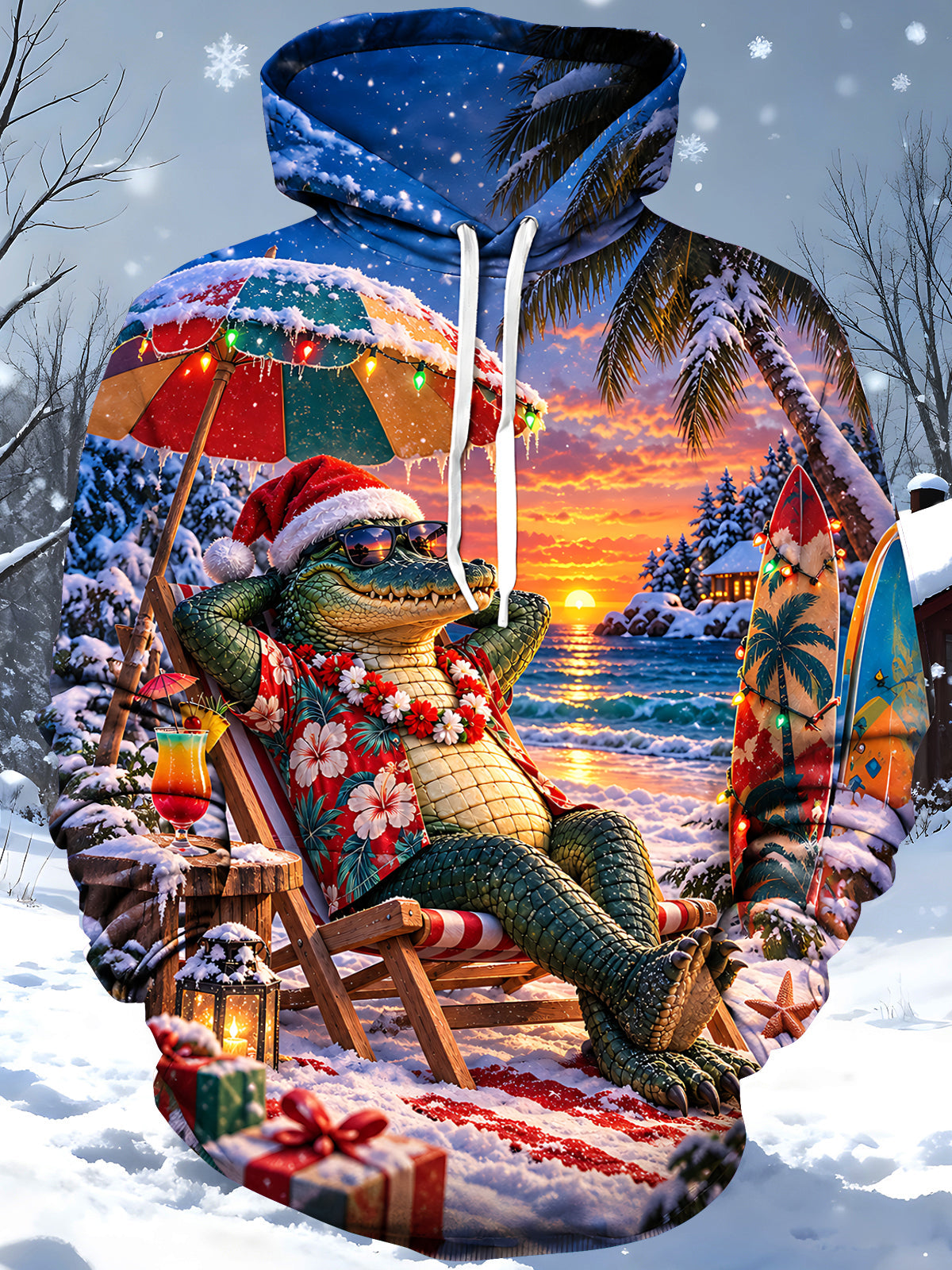 Oceanlyte Men's Graphic Christmas Crocodile Print Long Sleeve Hoodie with Chest Pocket
