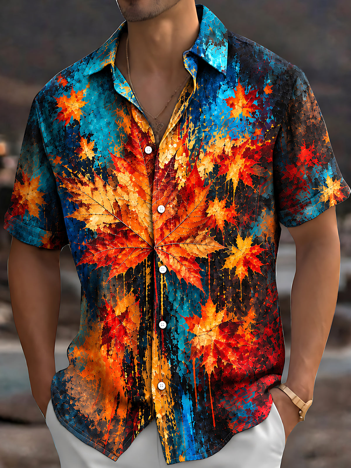 Oceanlyte Men's Hawaiian Maple Leaf Autumn Pattern Short Sleeve Shirt with Chest Pocket