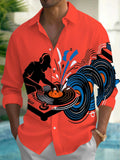 Oceanlyte Men's Graphic DJ Silhouette And Vinyl Records Print Long Sleeve Shirt with Chest Pocket