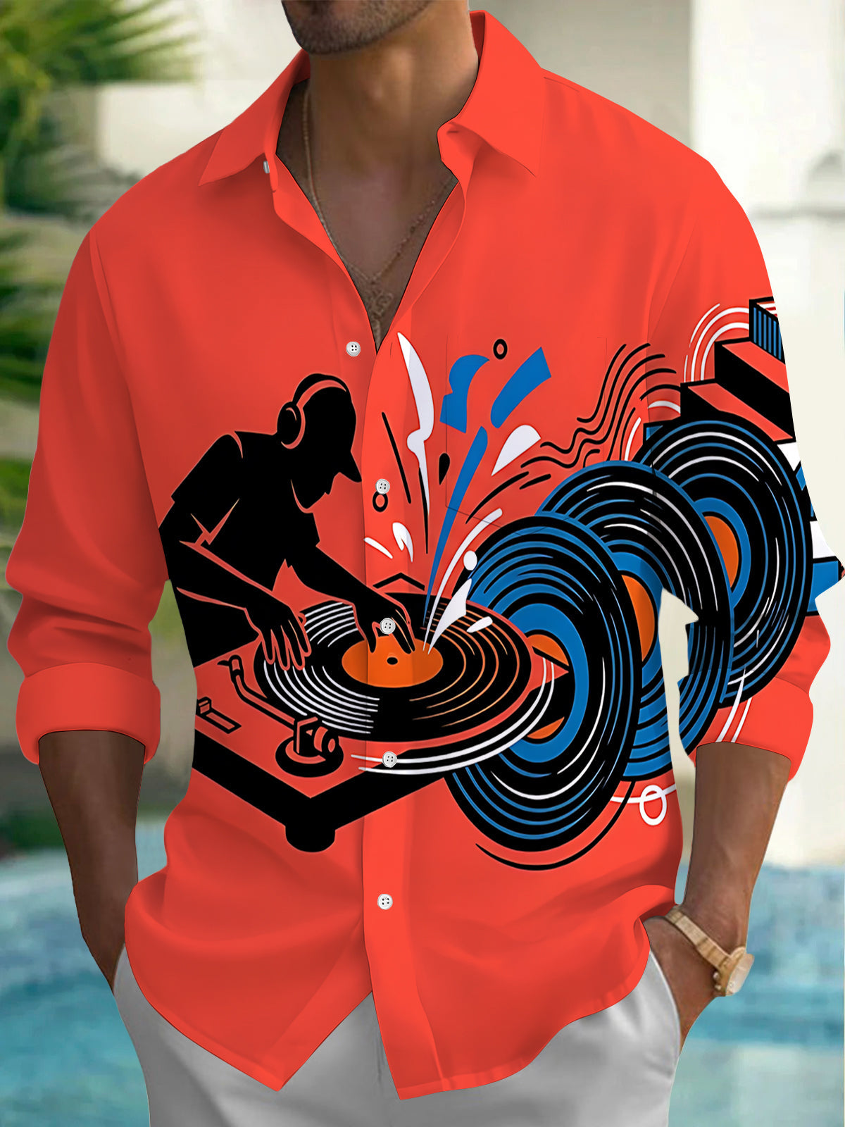 Oceanlyte Men's Graphic DJ Silhouette And Vinyl Records Print Long Sleeve Shirt with Chest Pocket