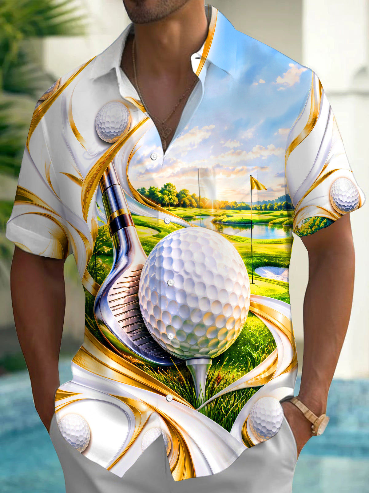 Oceanlyte Men's Short Sleeve Shirt - Golf Course Landscape With Golf Ball And Club Print with Chest Pocket