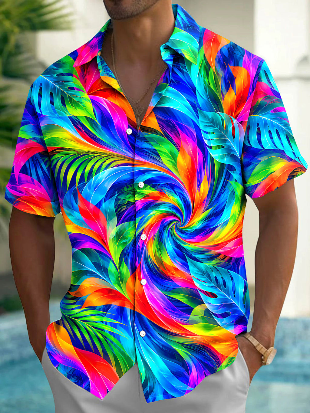 Oceanlyte Men's Hawaiian Abstract Neon Tropical Leaves Print Short Sleeve Shirt with Chest Pocket