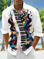 Oceanlyte Men's Graphic Piano Keyboard And Musical Notes Print Long Sleeve Shirt with Chest Pocket