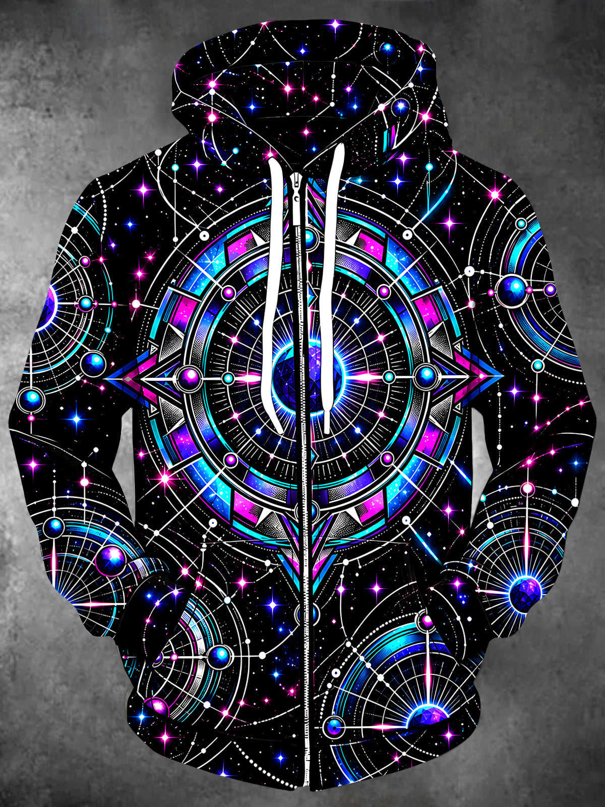Oceanlyte Men's Long Sleeve Zip-Up Hoodie - Astrological Geometric Constellations And Planets Print