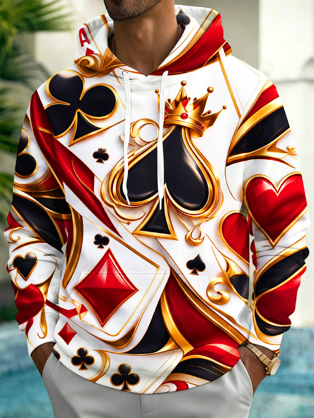 Oceanlyte Men's Graphic Playing Card Suits And Crown Print Long Sleeve Hoodie