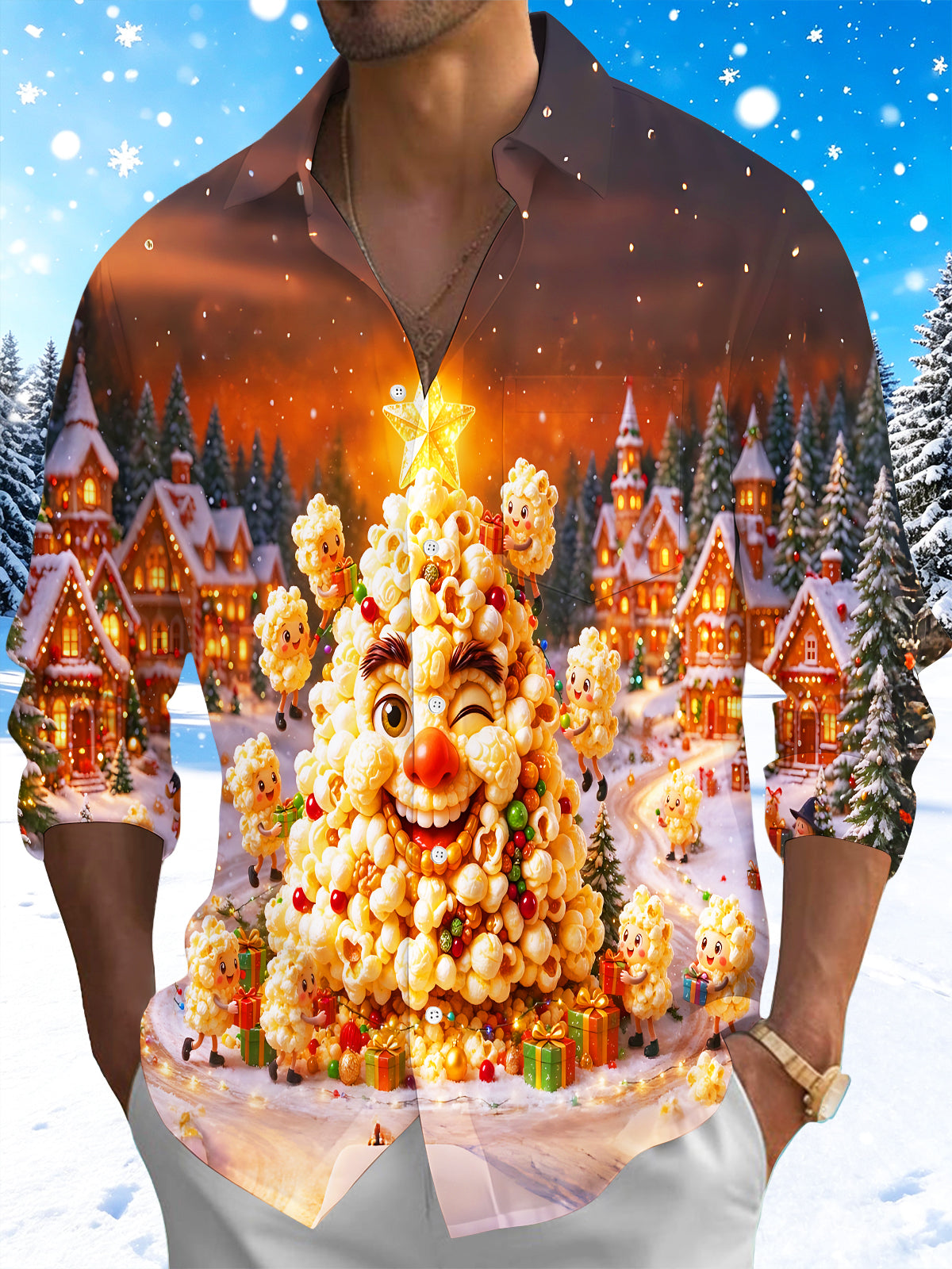 Oceanlyte Men's Long Sleeve Shirt - Popcorn Christmas Tree Character With Ornaments And Gifts Print with Chest Pocket