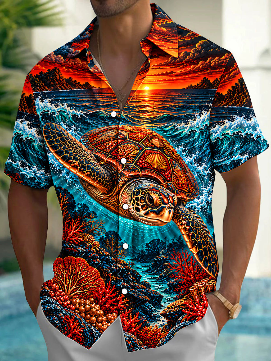 Oceanlyte Men's Hawaiian Sea Turtle And Coral Reef Print Short Sleeve Shirt with Chest Pocket