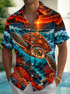 Oceanlyte Men's Hawaiian Sea Turtle And Coral Reef Print Short Sleeve Shirt with Chest Pocket