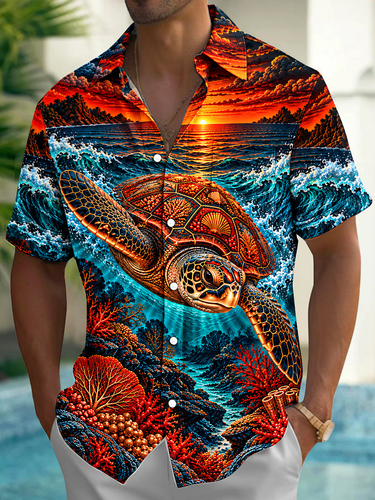 Oceanlyte Men's Hawaiian Sea Turtle And Coral Reef Print Short Sleeve Shirt with Chest Pocket