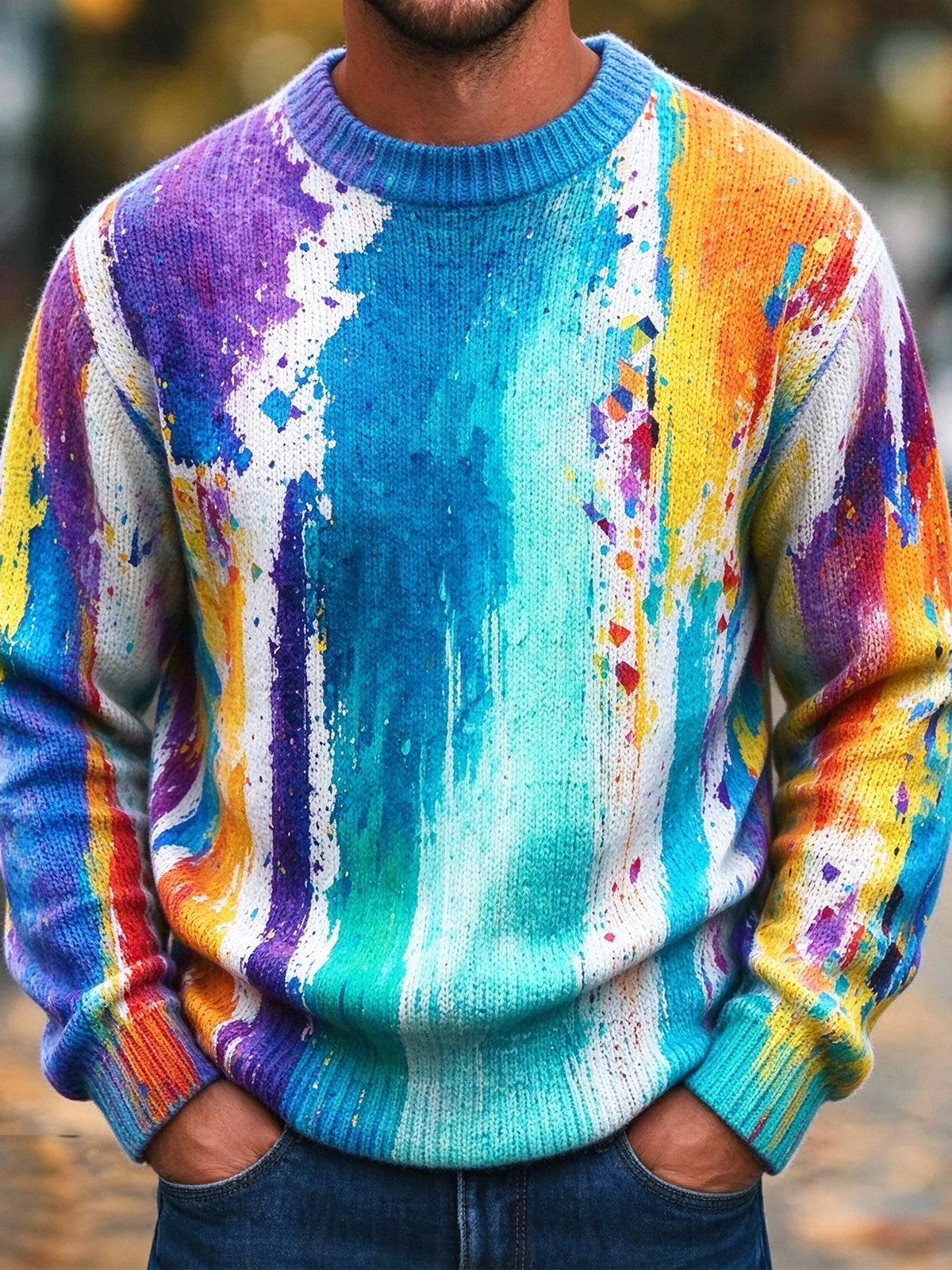 Oceanlyte Men's Abstract Rainbow Paint Splatter Print Long Sleeve Sweater
