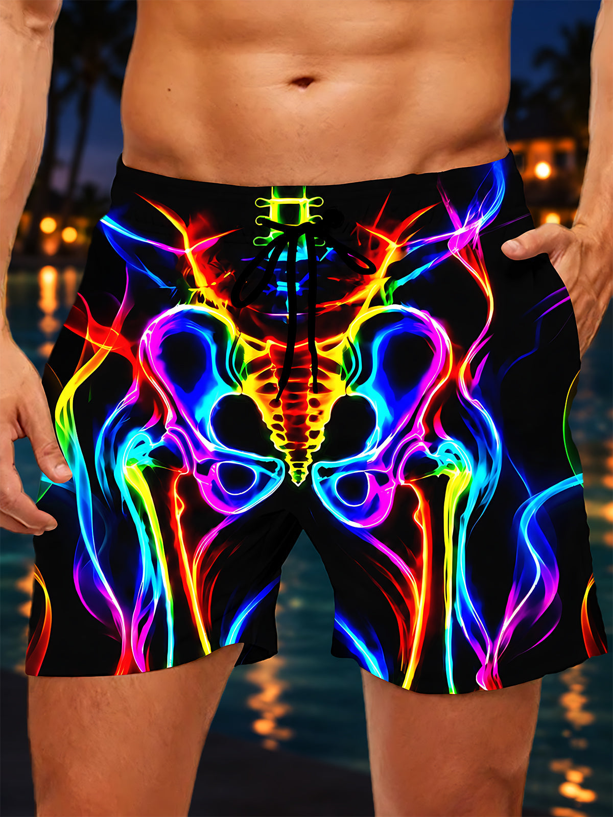 Oceanlyte Men's Graphic Neon Rainbow Skeleton Pelvis And Spine Print Shorts