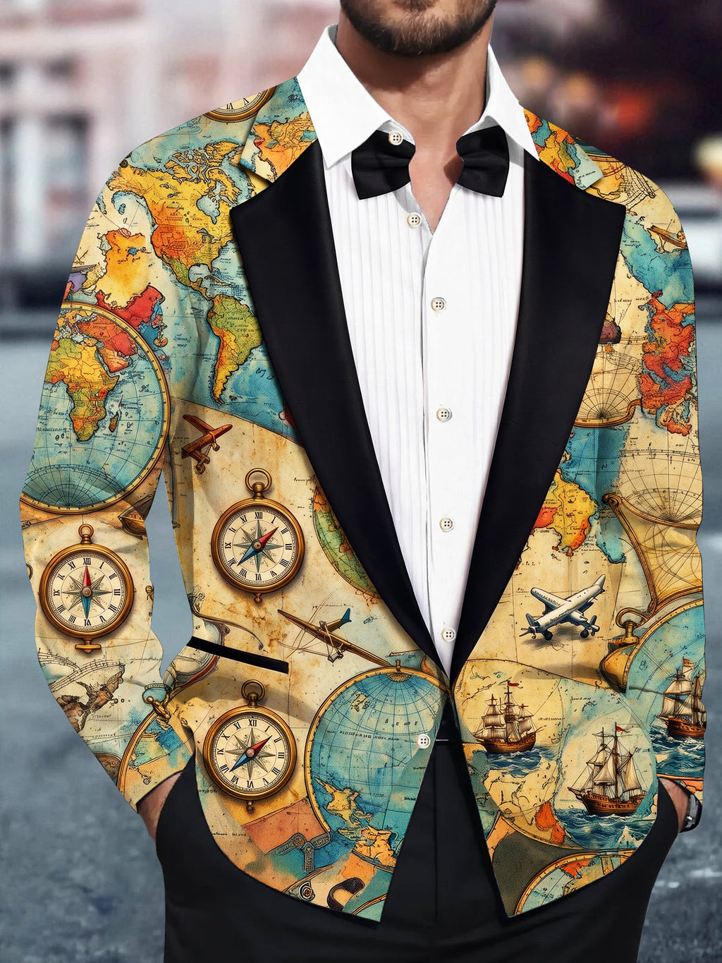 Oceanlyte Men's Vintage Map And Compass Print Long Sleeve Shirt with Chest Pocket