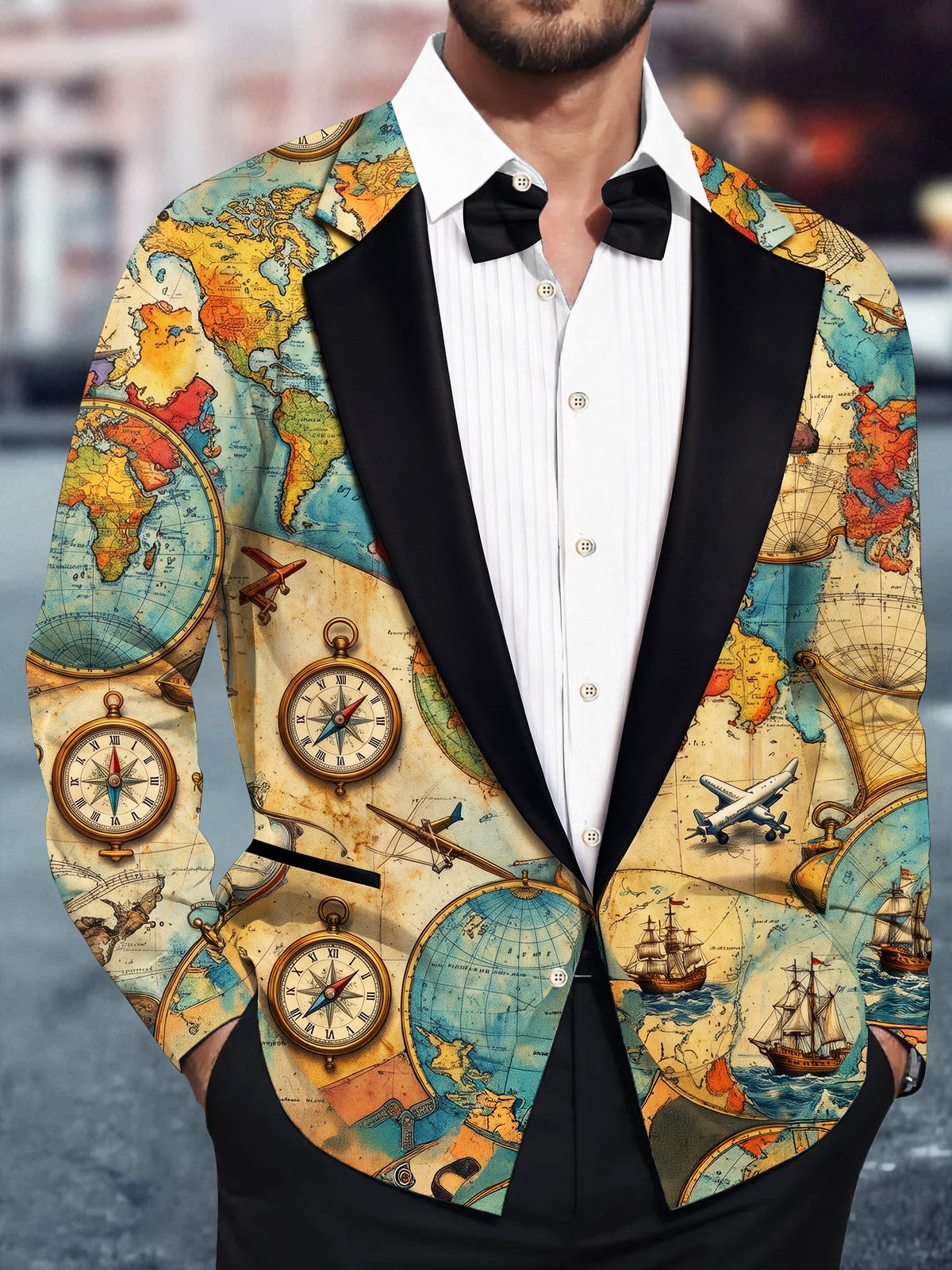 Oceanlyte Men's Vintage Map And Compass Print Long Sleeve Shirt with Chest Pocket