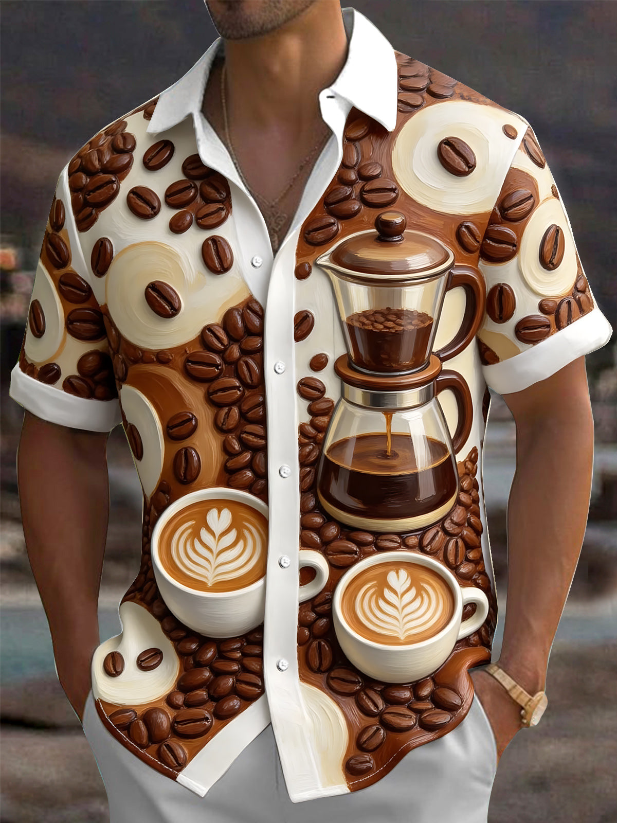 Oceanlyte Men's Coffee Beans And Pour Over Coffee Maker Print Short Sleeve Shirt with Chest Pocket