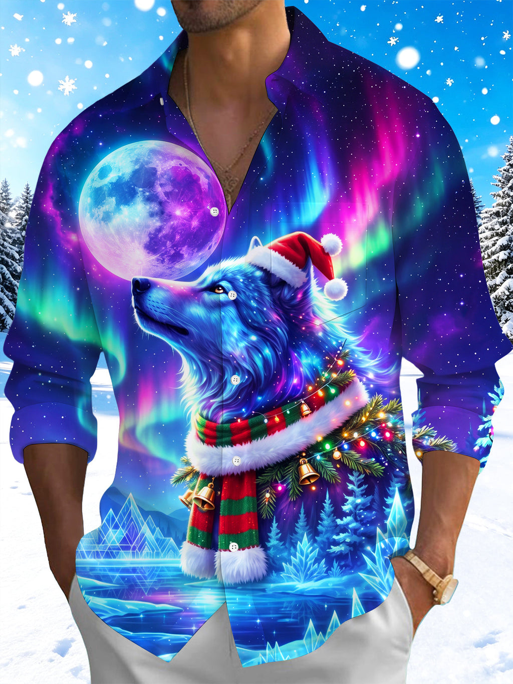 Oceanlyte Men's Wolf With Santa Hat And Christmas Scarf Print Long Sleeve Shirt with Chest Pocket