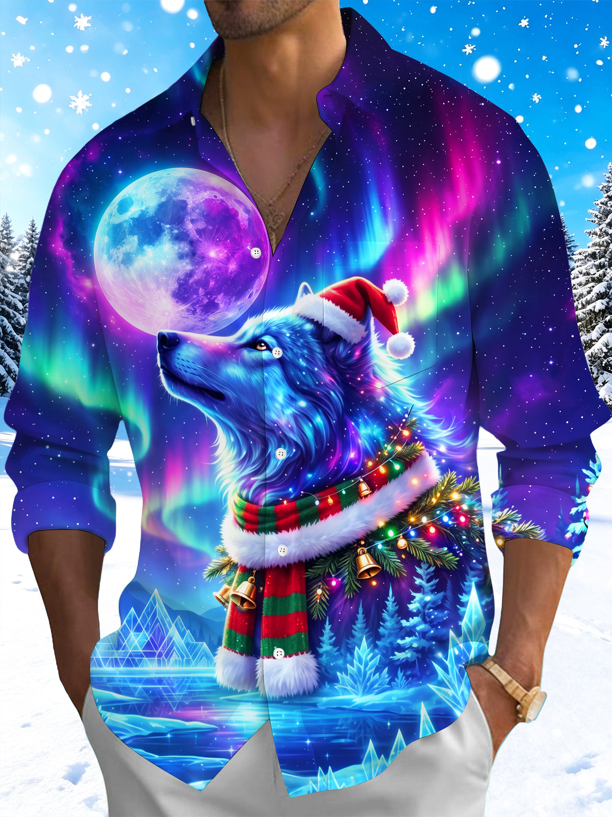 Oceanlyte Men's Wolf With Santa Hat And Christmas Scarf Print Long Sleeve Shirt with Chest Pocket