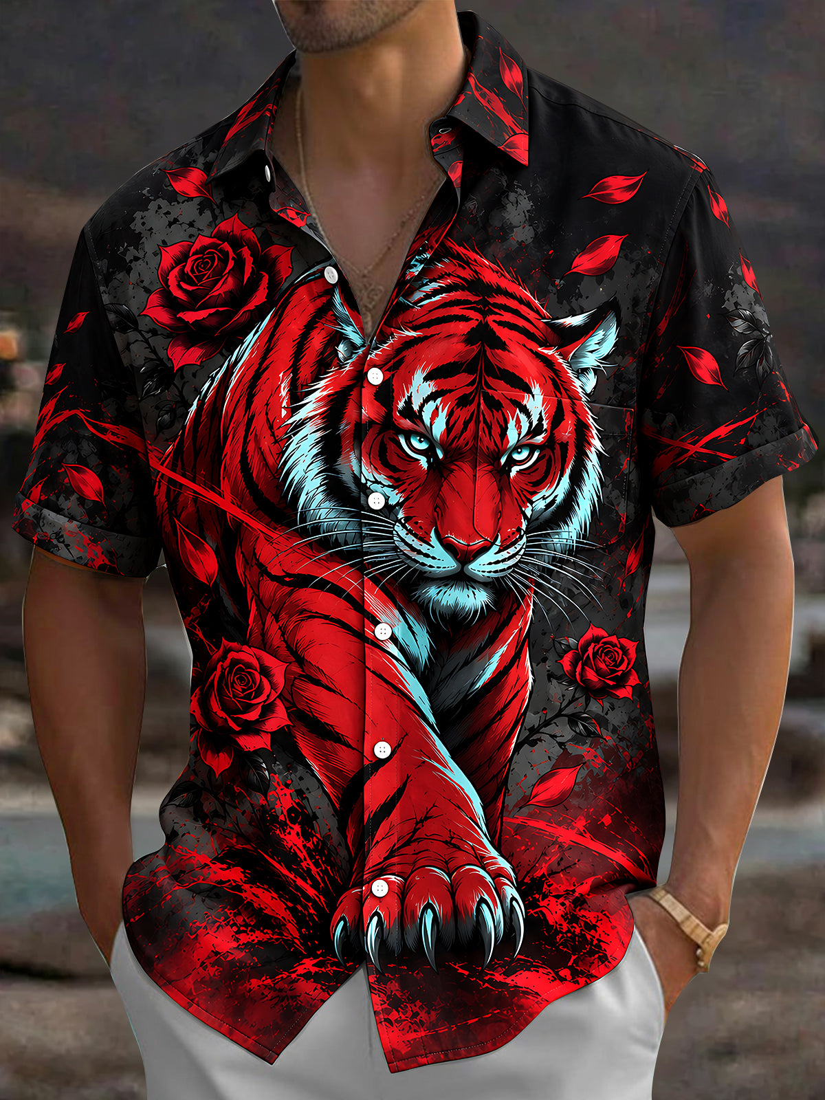 Oceanlyte Men's Hawaiian Red Tiger And Red Roses Print Short Sleeve Shirt with Chest Pocket