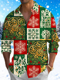 Oceanlyte Men's Christmas Steampunk Gears And Snowflakes Print Long Sleeve Shirt with Chest Pocket