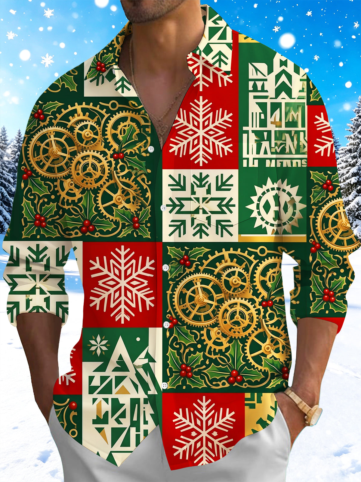 Oceanlyte Men's Christmas Steampunk Gears And Snowflakes Print Long Sleeve Shirt with Chest Pocket