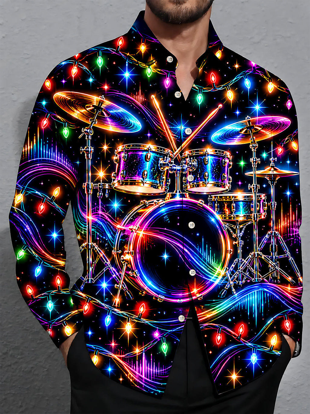Oceanlyte Men's Neon Drum Kit And Christmas Lights Print Long Sleeve Shirt with Chest Pocket