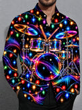 Oceanlyte Men's Neon Drum Kit And Christmas Lights Print Long Sleeve Shirt with Chest Pocket