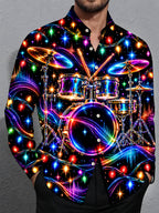 Oceanlyte Men's Neon Drum Kit And Christmas Lights Print Long Sleeve Shirt with Chest Pocket