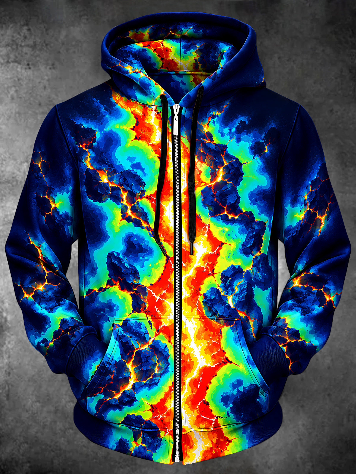 Oceanlyte Men's Long Sleeve Zip-Up Hoodie - Abstract Cracked Lava And Lightning Pattern with Kangaroo Pocket