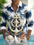Oceanlyte Men's Graphic Nautical Anchor And Ship Wheel Print Long Sleeve Shirt with Chest Pocket