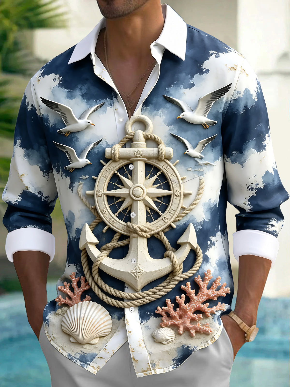 Oceanlyte Men's Graphic Nautical Anchor And Ship Wheel Print Long Sleeve Shirt with Chest Pocket