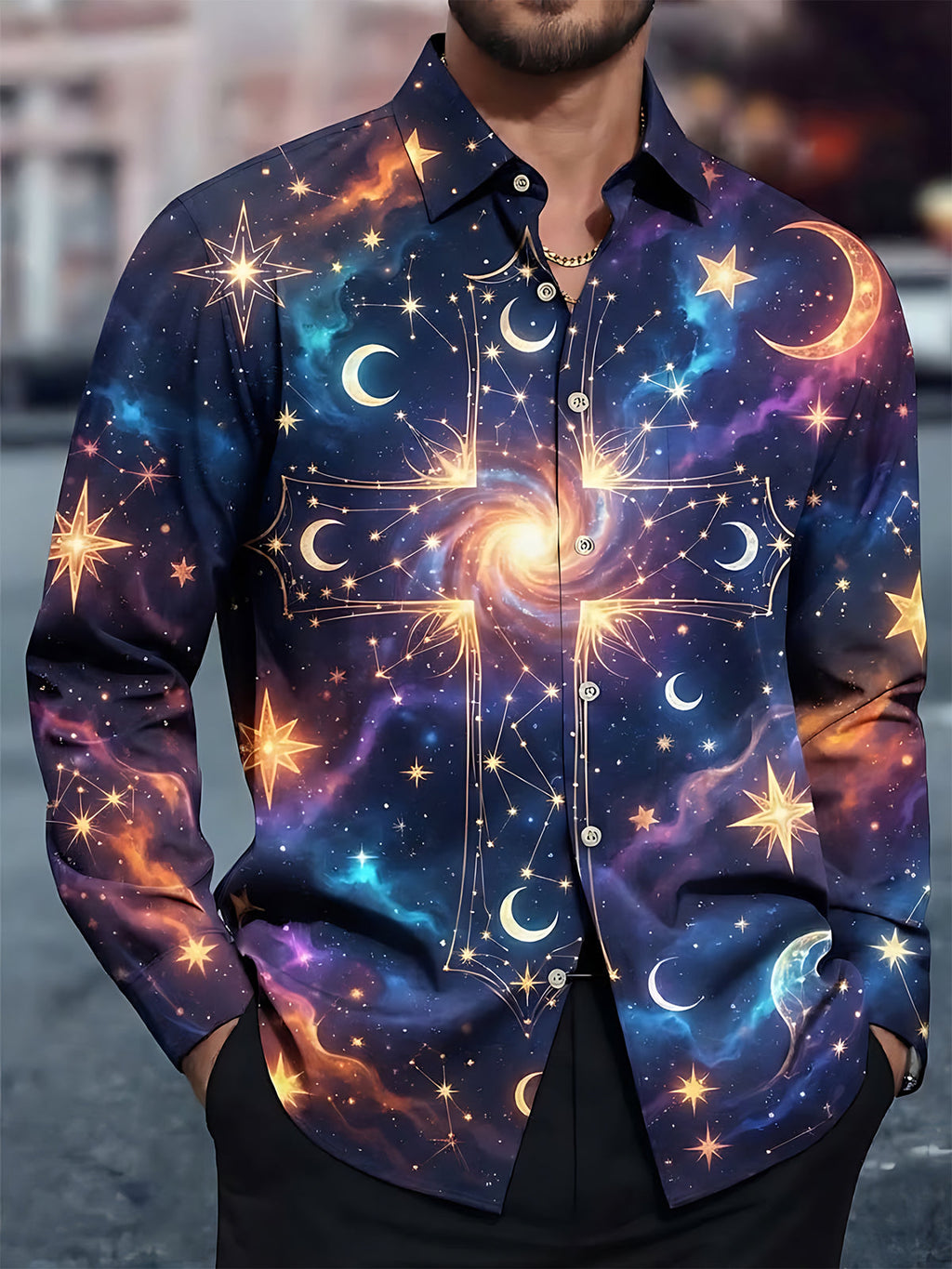 Oceanlyte Men's Galaxy Cross With Stars And Moons Print Long Sleeve Shirt with Chest Pocket