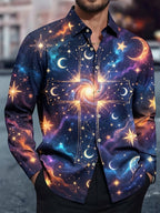 Oceanlyte Men's Galaxy Cross With Stars And Moons Print Long Sleeve Shirt with Chest Pocket