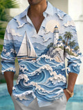 Oceanlyte Men's 3D Ocean Waves And Sailboat Print Long Sleeve Shirt with Chest Pocket