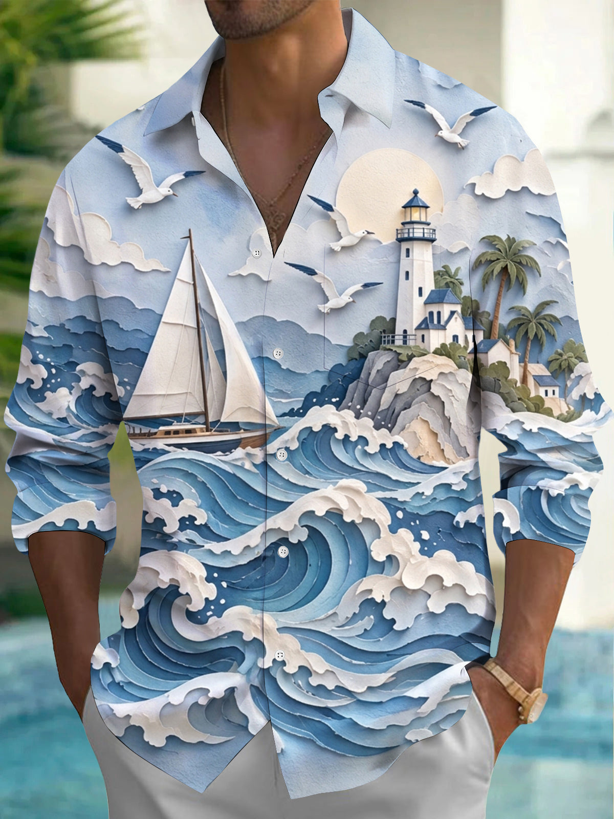 Oceanlyte Men's 3D Ocean Waves And Sailboat Print Long Sleeve Shirt with Chest Pocket