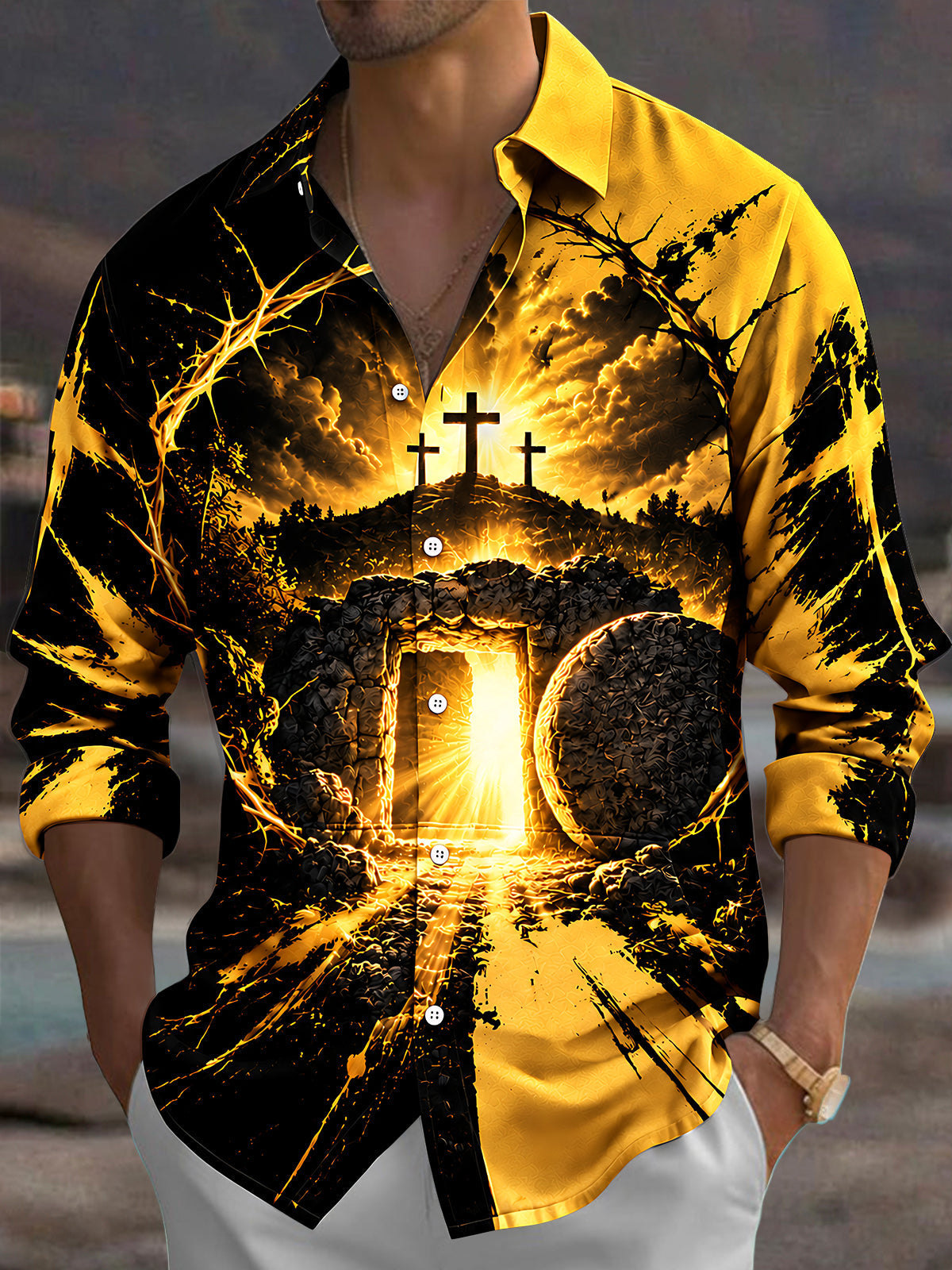 Oceanlyte Men's Long Sleeve Shirt - Easter Resurrection Scene With Three Crosses And Open Tomb Print with Chest Pocket