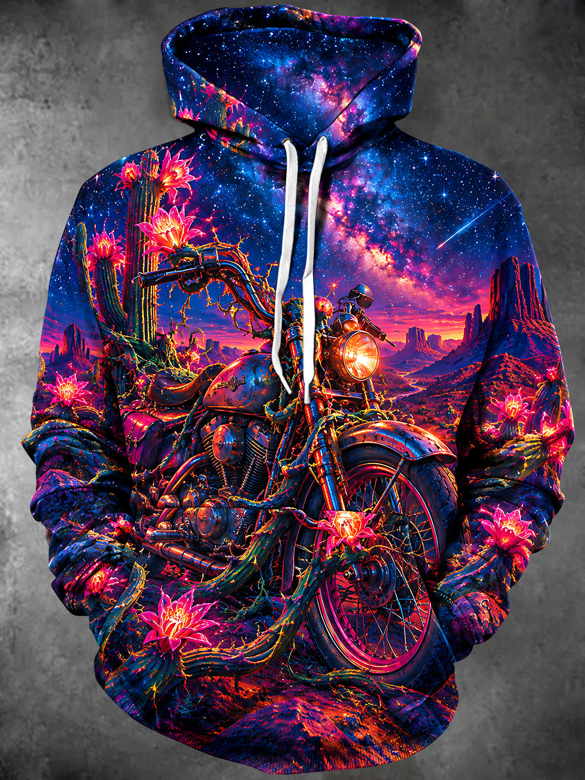 Oceanlyte Men's Long Sleeve Hoodie - Motorcycle In Desert Landscape With Cacti And Galaxy Sky Print