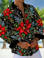 Oceanlyte Men's Hawaiian Christmas Poinsettia And Holly Print Long Sleeve Shirt with Chest Pocket