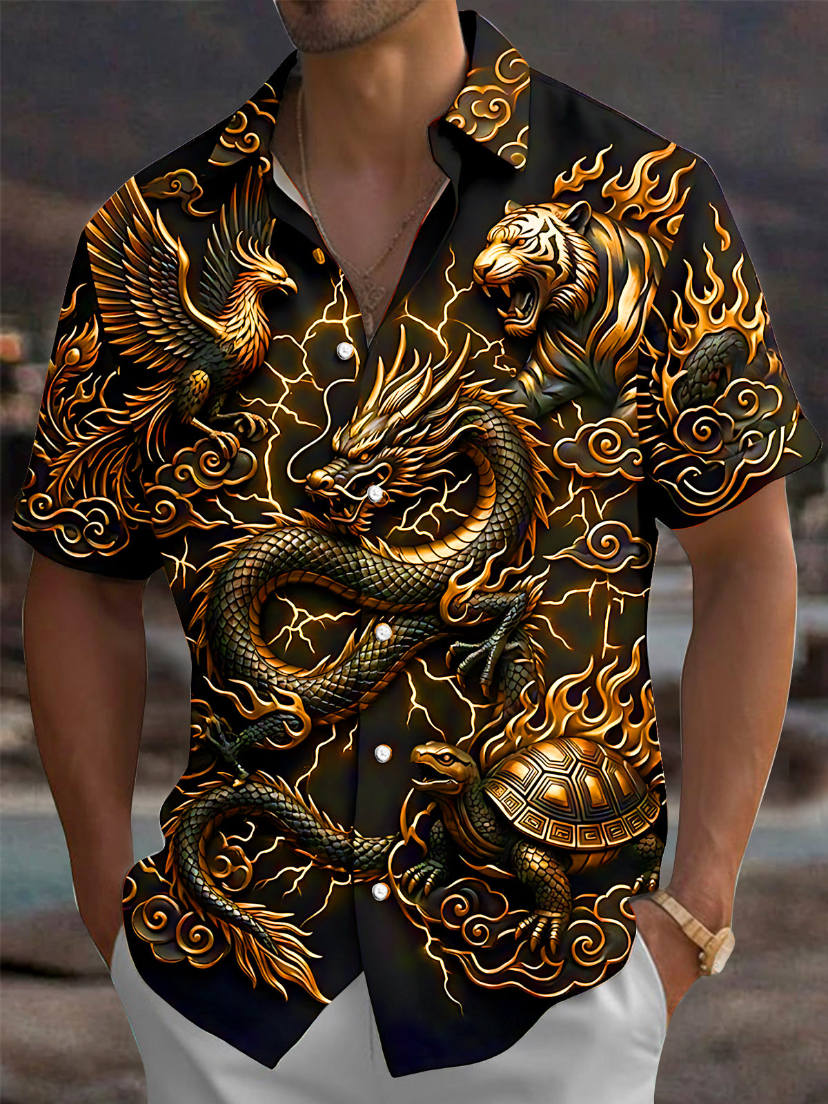 Oceanlyte Men's Graphic Dragon Tiger Phoenix And Turtle Print Short Sleeve Shirt with Chest Pocket