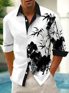 Oceanlyte Men's Printed Bamboo And Mountain Ink Wash Print Long Sleeve Shirt with Chest Pocket