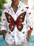 Oceanlyte Men's Long Sleeve Shirt - Christmas Butterfly With Plaid Snowflakes And Holly Berries Print with Chest Pocket