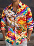 Oceanlyte Men's Long Sleeve Shirt - White Dragon And Golden Cart With Red Lanterns Print with Chest Pocket