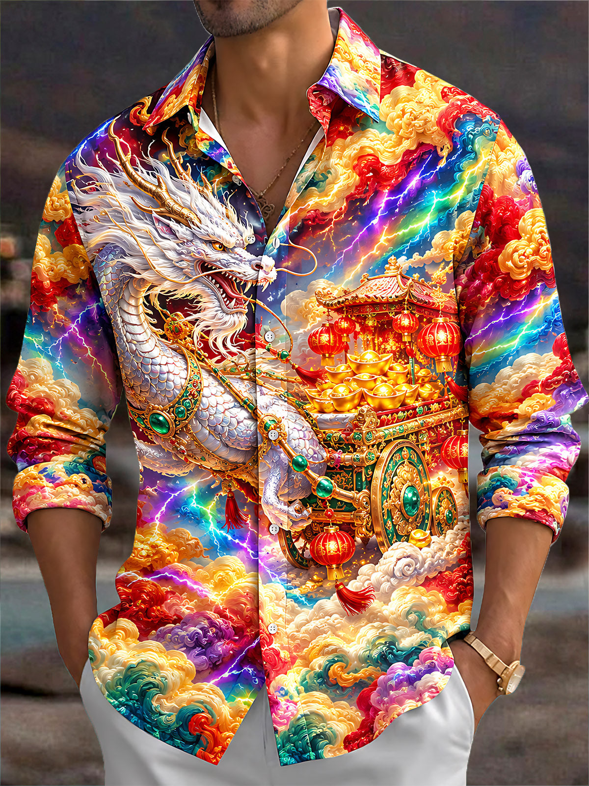 Oceanlyte Men's Long Sleeve Shirt - White Dragon And Golden Cart With Red Lanterns Print with Chest Pocket