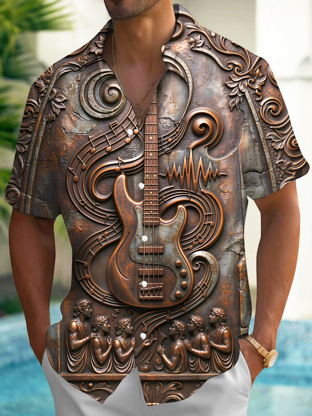 Oceanlyte Men's Short Sleeve Shirt - Bronze Relief Bass Guitar And Musical Notes Print with Chest Pocket